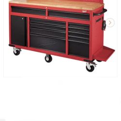 Milwaukee 61 in. 11-Drawer/1-Door 22 in. D Mobile Workbench with Sliding Pegboard Back Wall in Red/Black. New! Open box item. $1350 Location: Arlingto