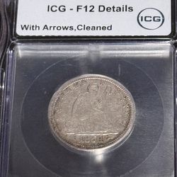 1854 seated quarter with arrows ICG slab