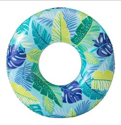 Tropical Leaf Inflatable Swim Ring Pool Float Blue Green Monstera Palm Print