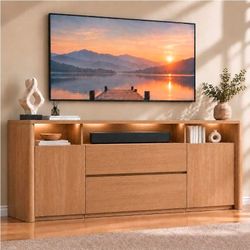 70" Mid Century TV Stand for TVs Up to 80", Thick TV Console, Oak
Wood Modern Entertainment Center with Cabinet & Large Storge, Tall Media Console wit