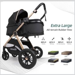 6-in-1 Convertible Baby Stroller with Bassinet Pushchair - Folding Infant Newborn Stroller w/Footmuff, Rain Cover, Cup Holder & Large Storage, Toddler