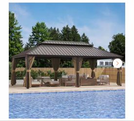 Gazebest 14 ft. x 24 ft. Double Galvanized Steel Roof Aluminum Frame Outdoor Patio Hardtop Gazebo with Netting and Curtain