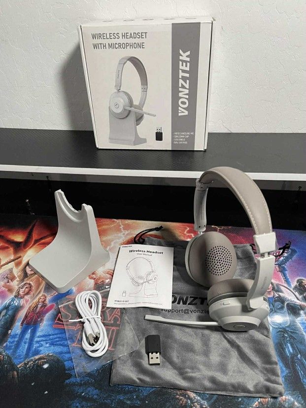 New Vonztek Bluetooth Headset, Wireless Headset W/ Dual Noise Canceling Microphone for Work &USB Dongle, QCC 5.2 Bluetooth Headphones W/ Mic Mute/Char