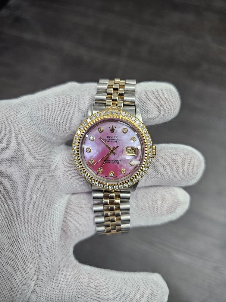 Rolex 36mm Datejust 18K Steel Yellow Dial MOTHER OF PEARL Watch 16013