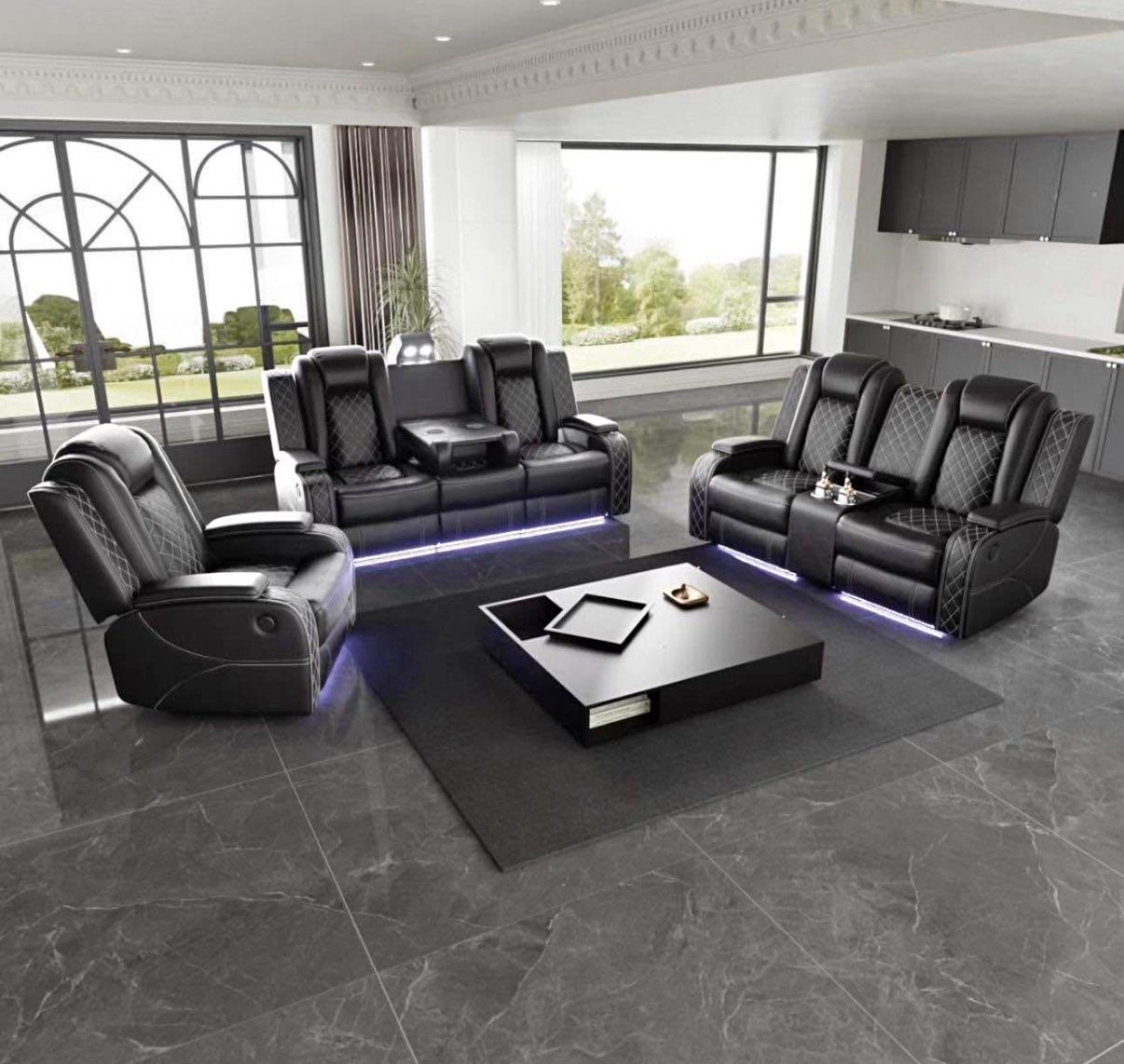 Black Leather Power Electric Recliner Sofa Set