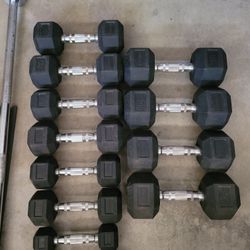 Rubber Coated Hex Dumbbells (2x5s,2x10s,2x15s,2x20s,2x25s,2x30s) for $200 Firm (WALNUT 9178