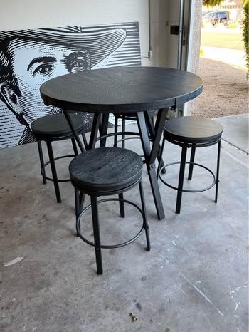 Round Counter Height Set with Round Bar Table with Stools - 5-Piece Bar Table and Chairs Set Featuring Metal Legs and Wood Top Design
