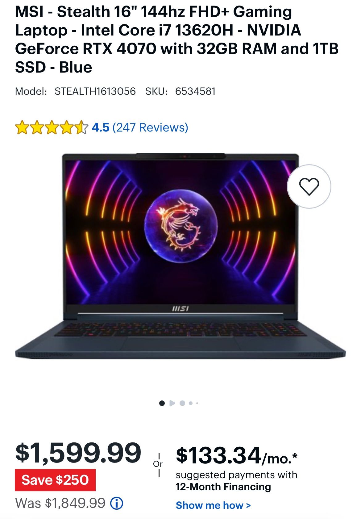 MSI - Stealth 16" 144hz FHD+ Gaming Laptop - Intel Core i7 13620H - NVIDIA GeForce RTX 4070 with 32GB RAM and 1TB SSD - Blue