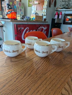 Vintage 40s to 50s mid century Tom & Jerry punch mugs, cups, roly poly cups, Christmas egg nog cup