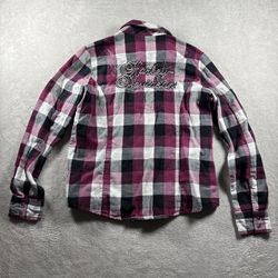 Harley-Davidson Women's L Pink Plaid Flannel Pearl Snap Shirt Rhinestone #8F