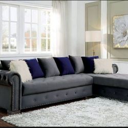 Brand New Grey Velvet Plush Sectional Sofa (Pillows Included)