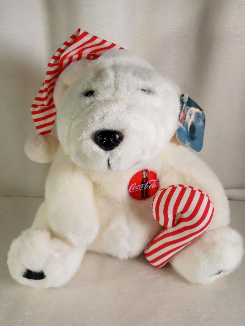 Vintage 1993 Coca Cola Polar Bear 10” Plush Red Santa Hat Candy Cane Orig Tags