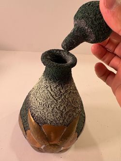 Pottery Vase Decanter Vintage Brutalist Mid-Century Fat Lava Copper Brass Flower