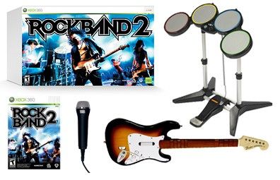 Rockband 2 set with game disc, drum set, microphone, and 2 guitars for xbox 360