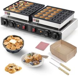Mini Pancake Maker Machine Dual Plate 50pcs, Non-Stick Commercial Dutch Pancakes Maker Stainless Steel, Electric Muffin Poffertjes Waffle Baker With T