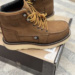 Qlty Mens Work Boots Brown/tan Leather Sz 8 Steel Toe