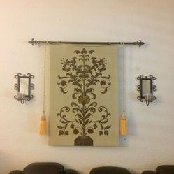 Wood and Metal wall hanging with two mirrored candle holders.