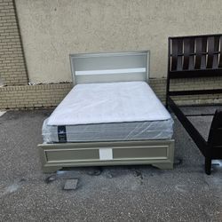 Silver Queen Size Solid Wood Bed Frame With Brand New Queen Size Plush Sealy Posture Pedic Mattress And Box Spring In Plastic 