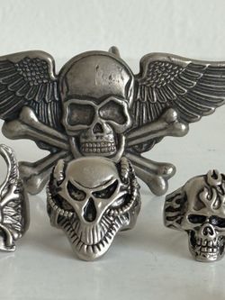 Alternative Jewelry Lot – Skull Rings (US 6 & 8), Marvel Iron Man, Belt Buckle, Bracelet, Necklaces & Pendants