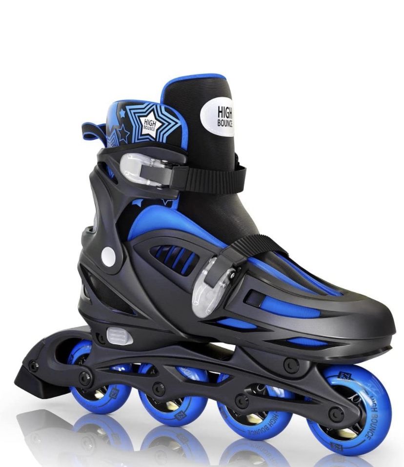 High Bounce Adjustable Inline Skate For Adults And Kids Lightweight Skates With Smooth Gel Wheels Blue Large (1.5-4.5) - Big Kid