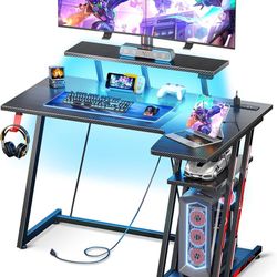 Small Gaming Desk with LED Lights & Power Outlets, 39 Inch L Shaped Gaming Computer Desk with Storage Shelf, Gamer Table with Monitor Stand, PC Table 