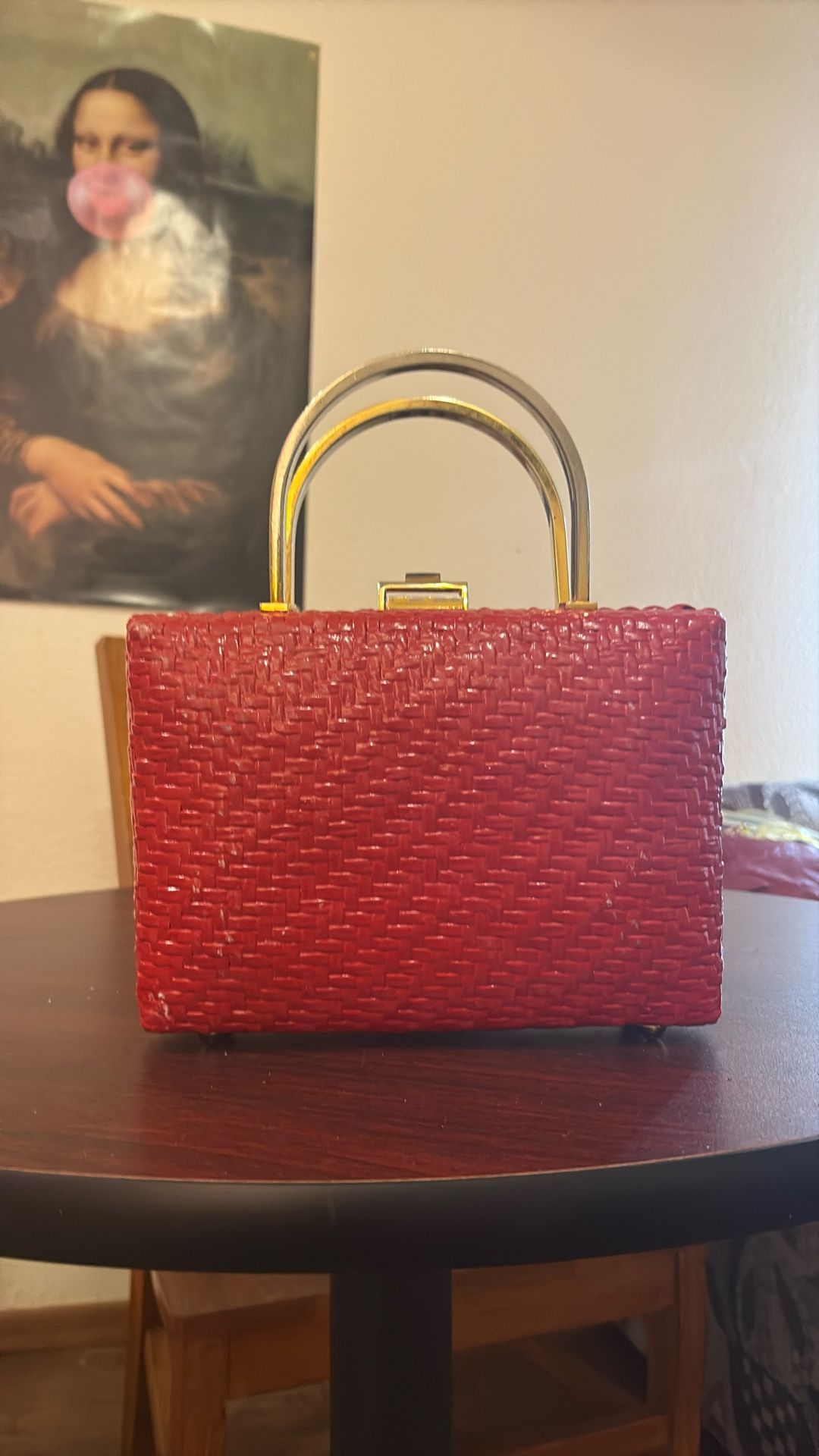 Vintage 80s Red Rodo Italy wicker box gold handle basket handbag purse