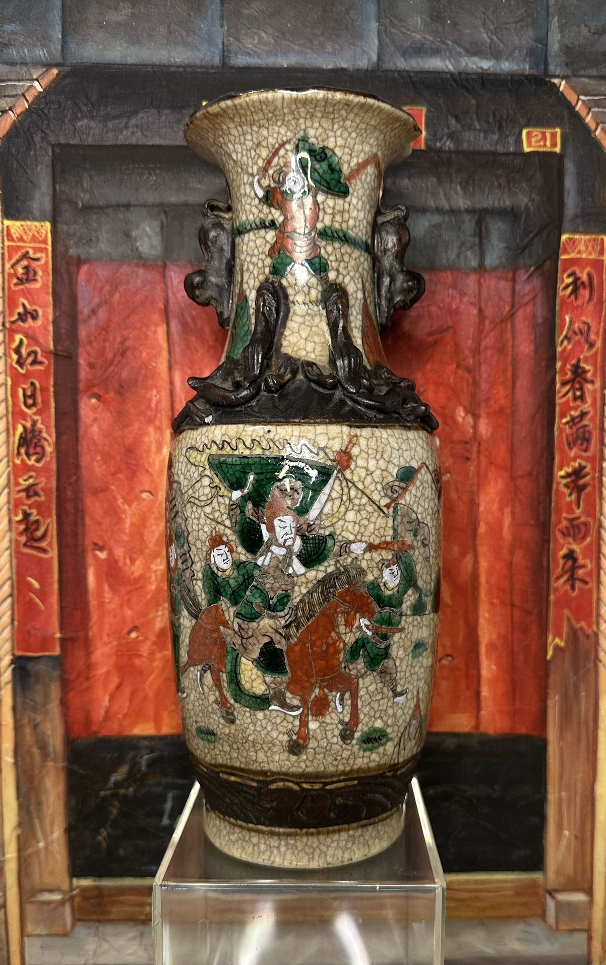 Antique Chinese Crackle ware Vase W/Enamel Warriors Signed