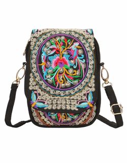 Embroidered Black Crossbody Bag with Multicolor Floral Design