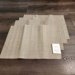 New 4 Threshold brand heathered vinyl placemats, woven tan design,14"×19", easy maintenance, wiped clean.