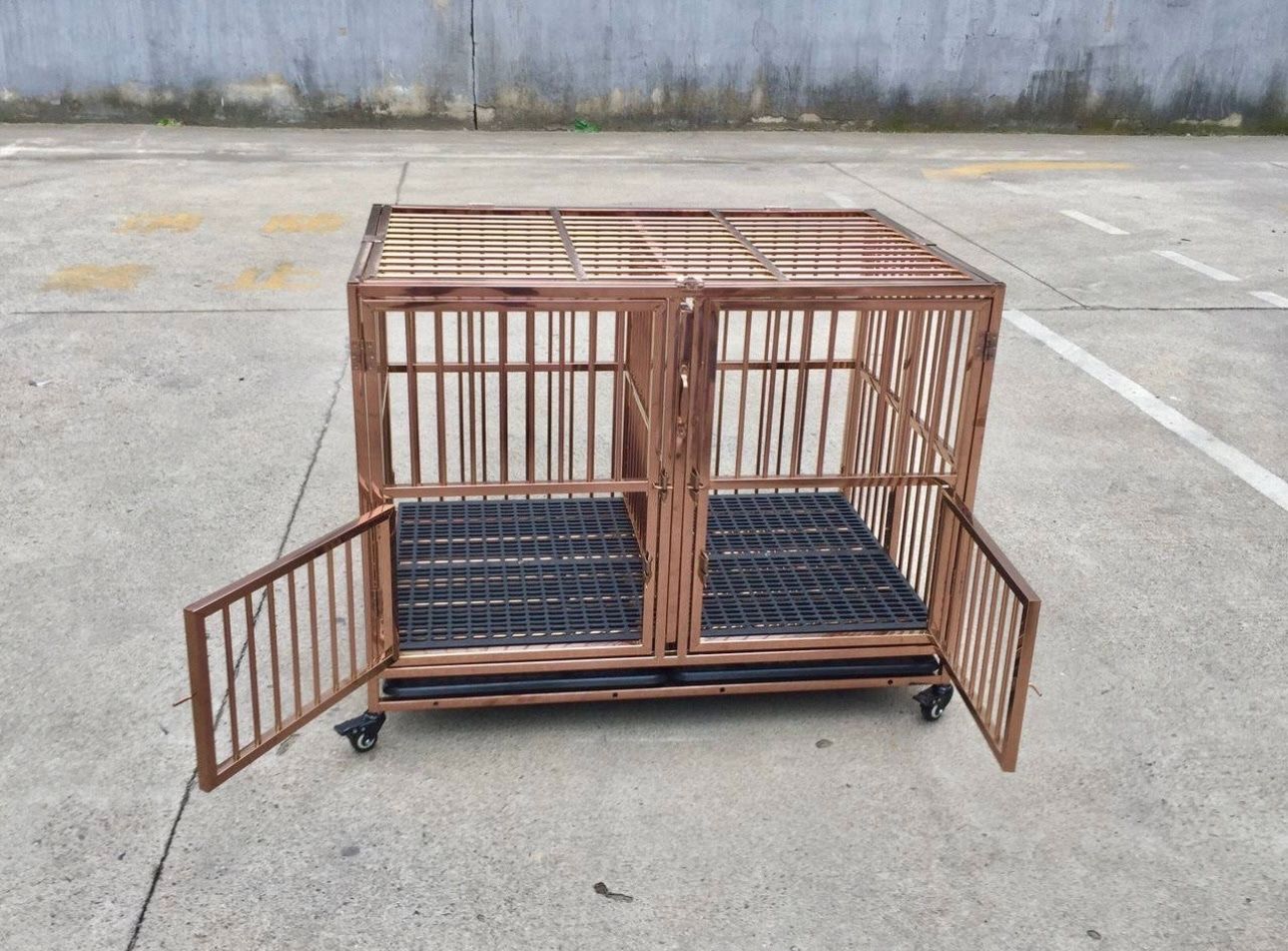 Dog Cage, 43”Rose Gold Stainless Steel Dog Crate Drop Cage,EZ Fold Dog Kennel With Divider & Mat