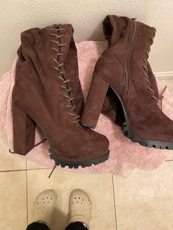 Brown Suede Lace-Up Platform Heel Boots