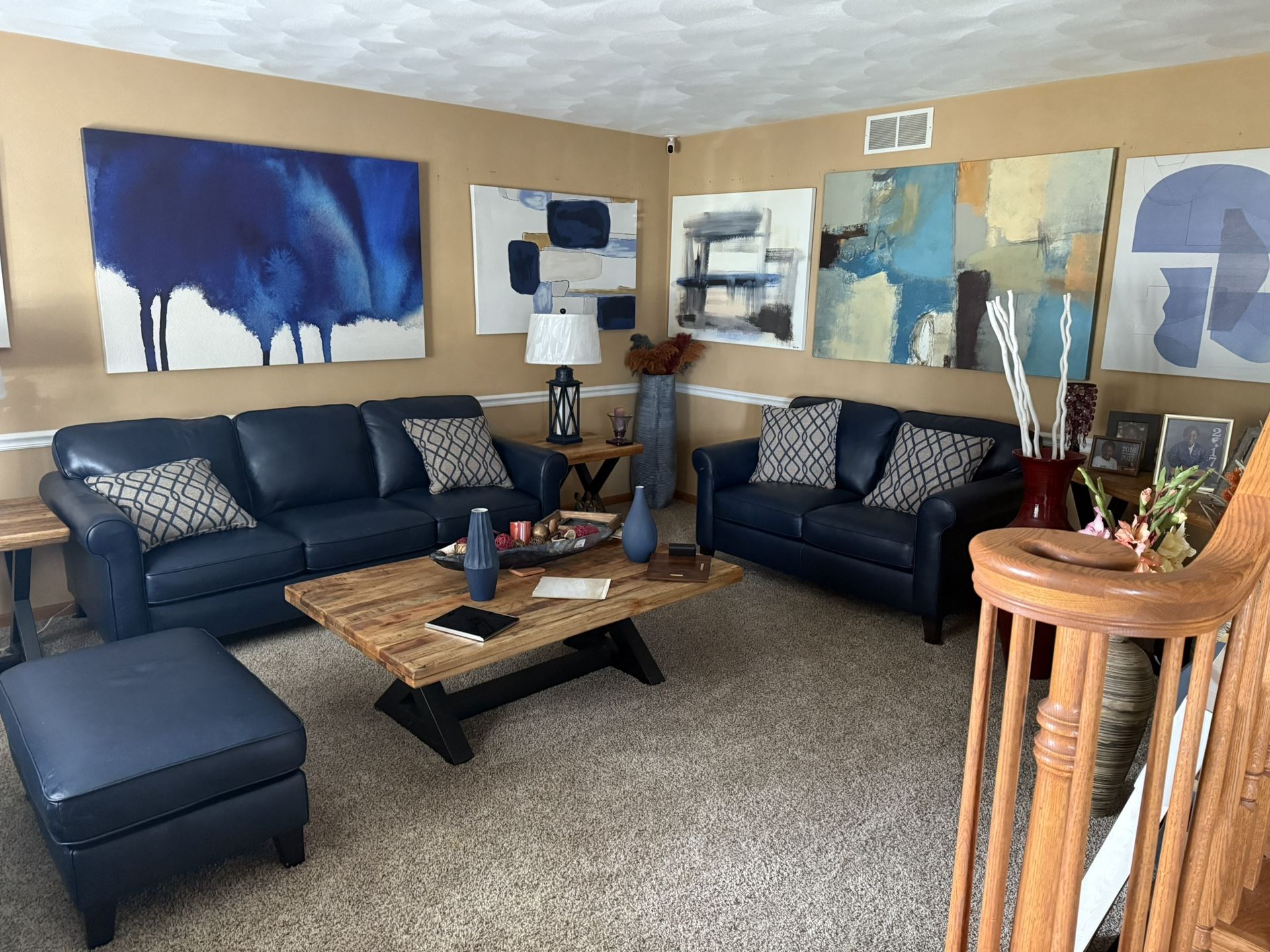 $3500 Blue Leather Furniture Set (sofa, Loveseat, Oversized Chair Only)