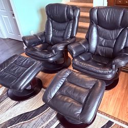 Black Leather chairs + ottomans