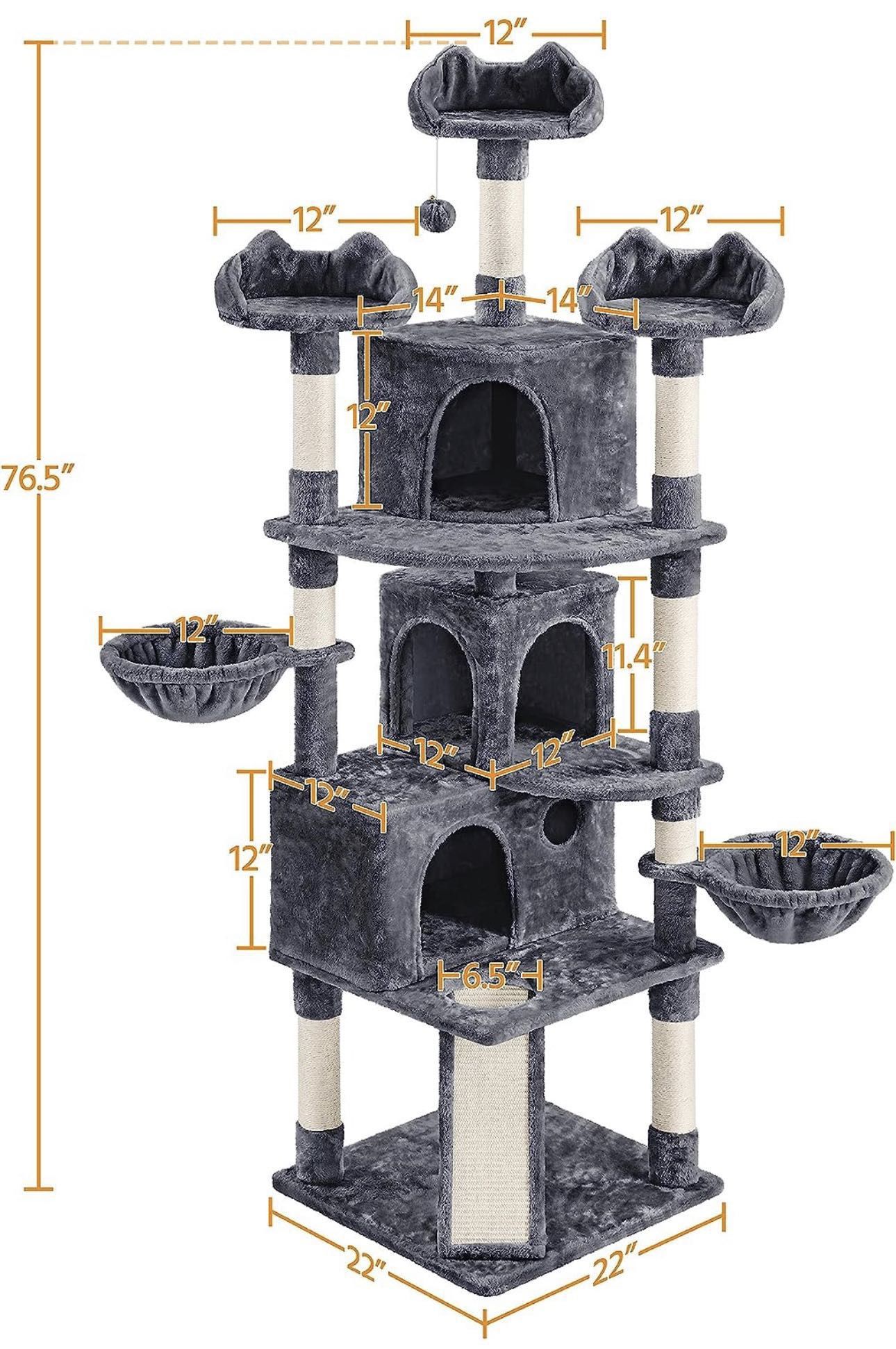 76.5in Cat Tree Cat Tower with 3 Condos, 3 Cozy Perches with Dangling Ball, Scratching Posts, 2 Baskets, Pet Bed Furniture Activity Center for Indoor 