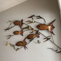 Vintage Mid Century Brutalist Metal Fish Wall Art Sculpture 