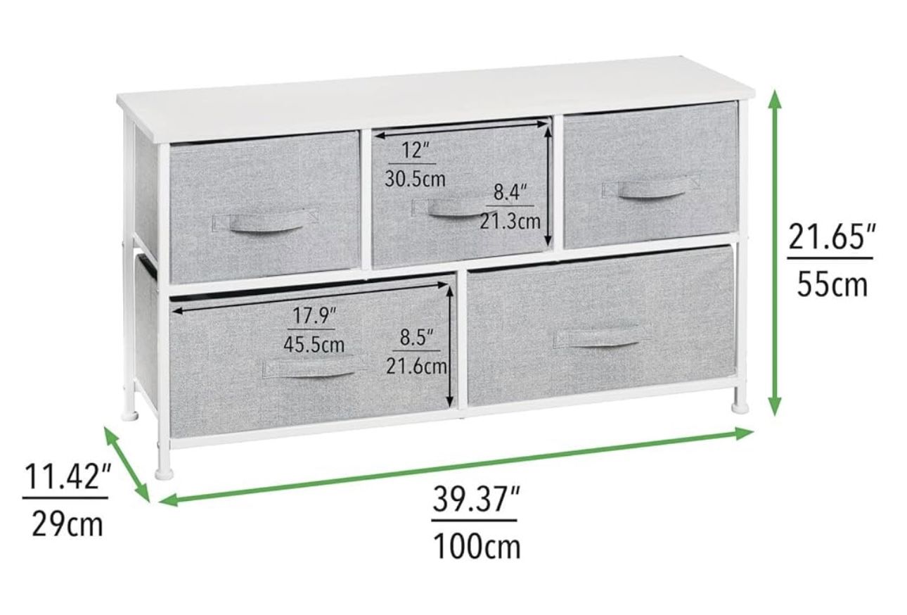 High Steel Frame/Wood Top Storage Dresser Furniture with 5 Fabric Drawers, Wide Bureau Organizer for Baby, Kid, and Teen Bedroom, Nurse