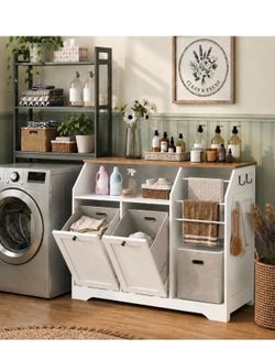 43.3" Laundry Hamper Cabinet, Double Tilt-Out Laundry Hamper with 4 Hooks and 3 Towel Racks, 2 x 8.7 Gal Hidden Laundry Baskets, Trash Can Cabinet for