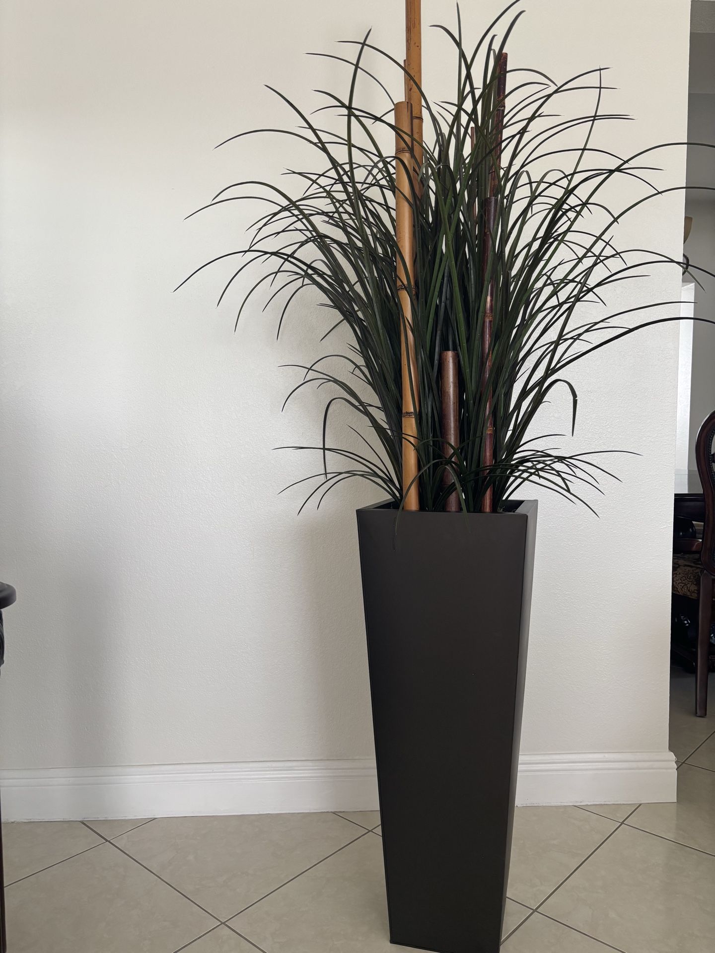 Real Bamboo and Artificial Leaves with Bronze Pot