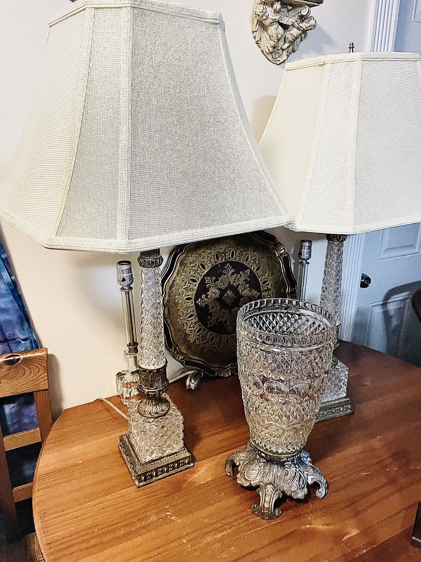 Vintage Crystal Side Table Lamps And Vase 