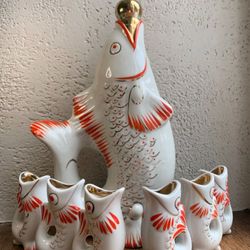 Vintage USSR Porcelain White Fish Decanter Set 6 Cups Polonne Ukraine Soviet Retro