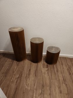 Cylinder pilliar stands 3 foldable hard paper$20,, 6 metal desert stands $20