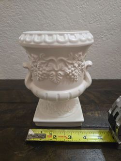 White Ceramic Urn Vase with Grape Relief