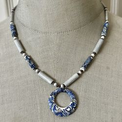 Vintage Blue & White Ceramic Bead Necklace with Donut Pendant
