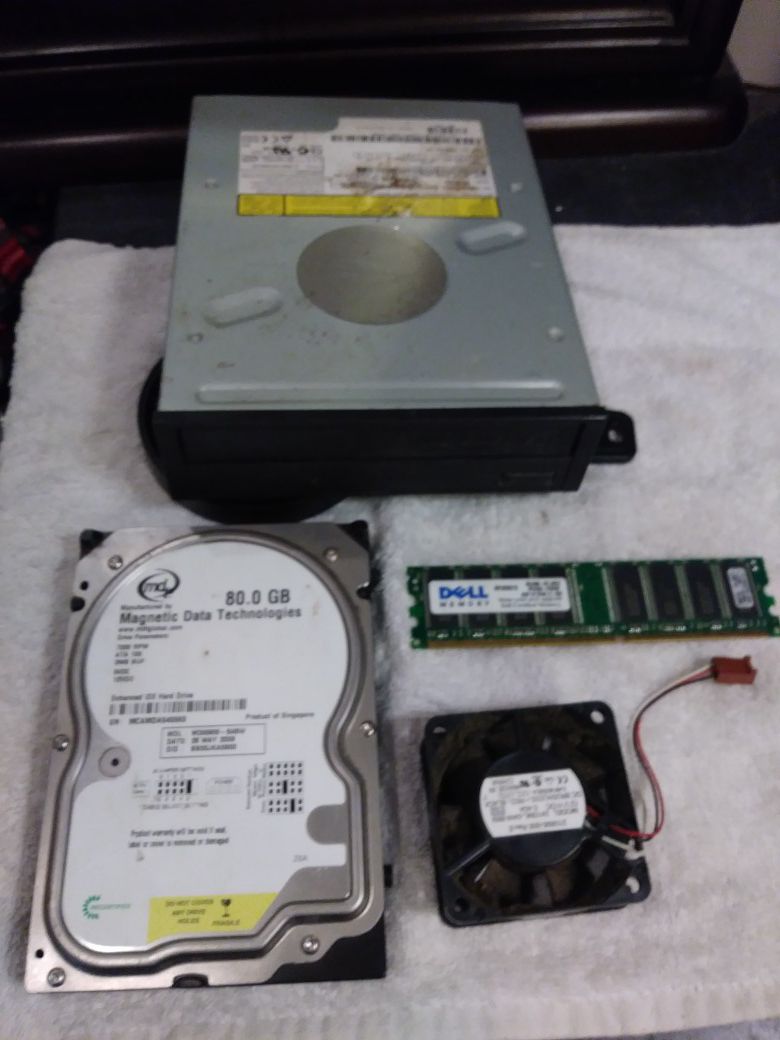 Misc. Computer parts DVD/CD R/RW drive , fan,memory card& hard drive