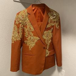 Burnt Orange Custom Gold Design Prom Suit 