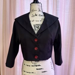 Bettie Page By Tatyana Black Retro Crop Jacket With Red Buttons