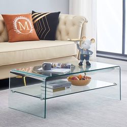 Modern 2-Layer Storage Waterfall Tempered Glass Coffee Tables for Living Room