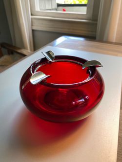 Vintage Art Deco Style Glass Ashtray Color Ruby Red