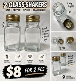 2 Glass Spice Shakers w/ Gold Lids – $8