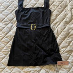 Black Satin Mini Dress with Gold Buckle (MICAS)